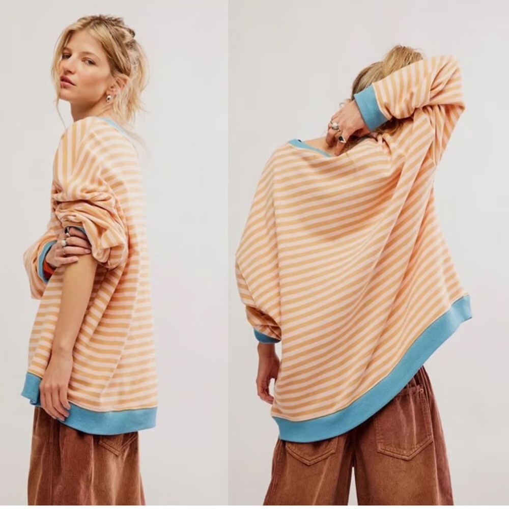 We The Free Peach & Cream Striped Oversized Long Sleeve Top - Picture 6 of 10